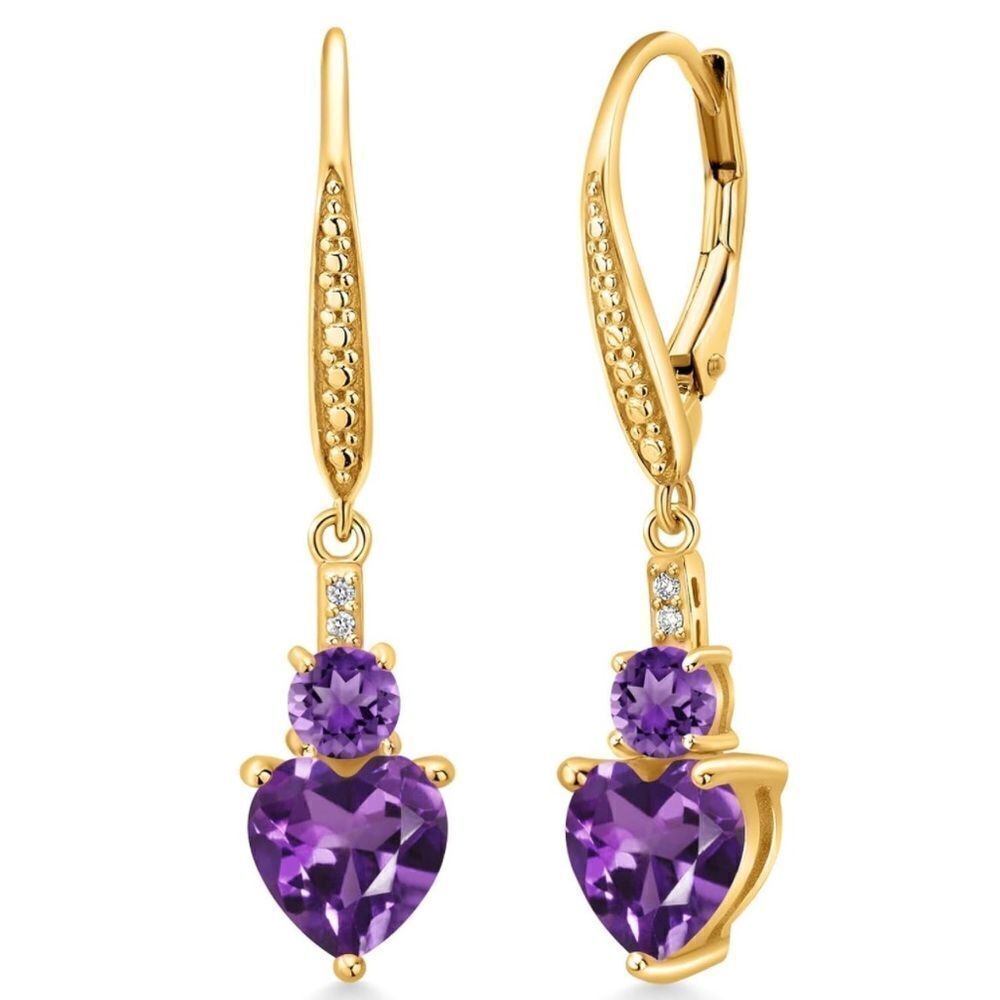 18K Yellow Gold with 2.33 Cttw Amethyst and Diamond Heart Leverback Earrings